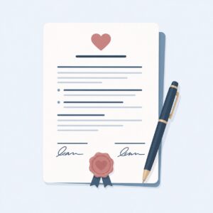 A document with a heart at the top, two signatures, a seal, and a pen beside it.