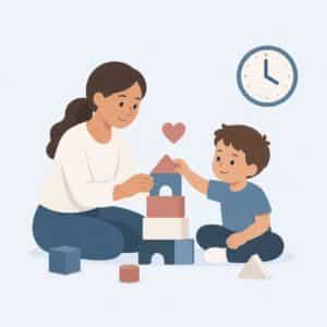 Woman and child build with blocks, smiling. Heart floats above blocks. Clock on wall shows 3:00.