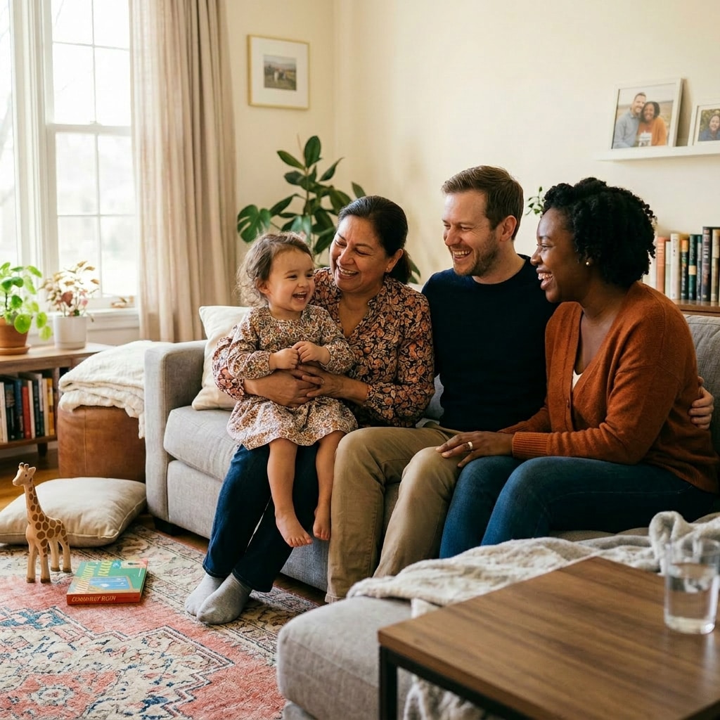 Four adults and a child sit smiling together on a couch in a cozy, sunlit living room with books and plants.