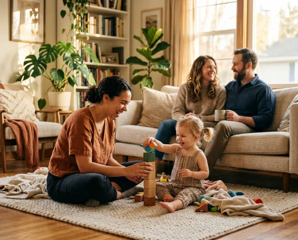 Two women, a man, and a toddler play and relax together in a cozy, sunlit living room.