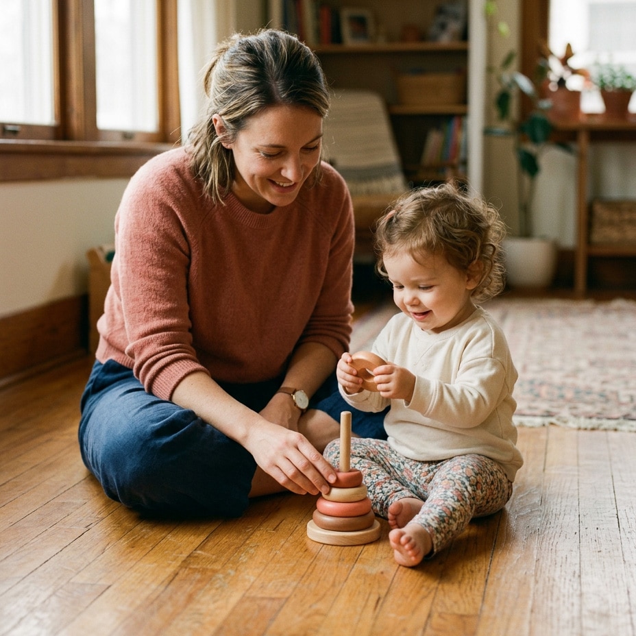 A woman and a toddler sit on the floor, playing with stacking rings in a cozy, sunlit room.