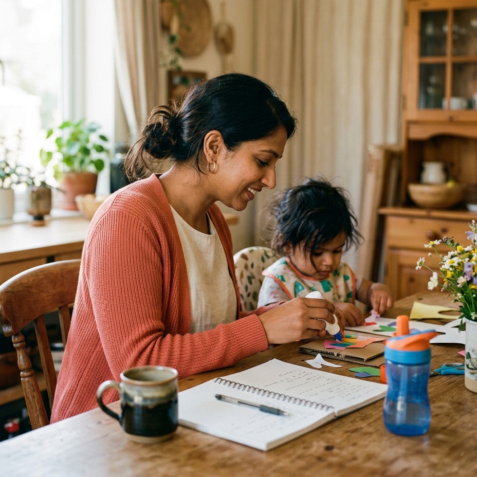 Woman and child doing crafts together at a wooden table with paper, notebook, and cups nearby.