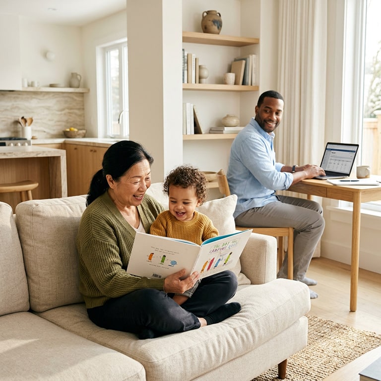 Woman and child reading a book on a couch while a man works on a laptop at a table in a bright living room.