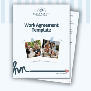 A work agreement template cover with photos of nannies and children, titled "Hello Nanny! 2026 Edition.