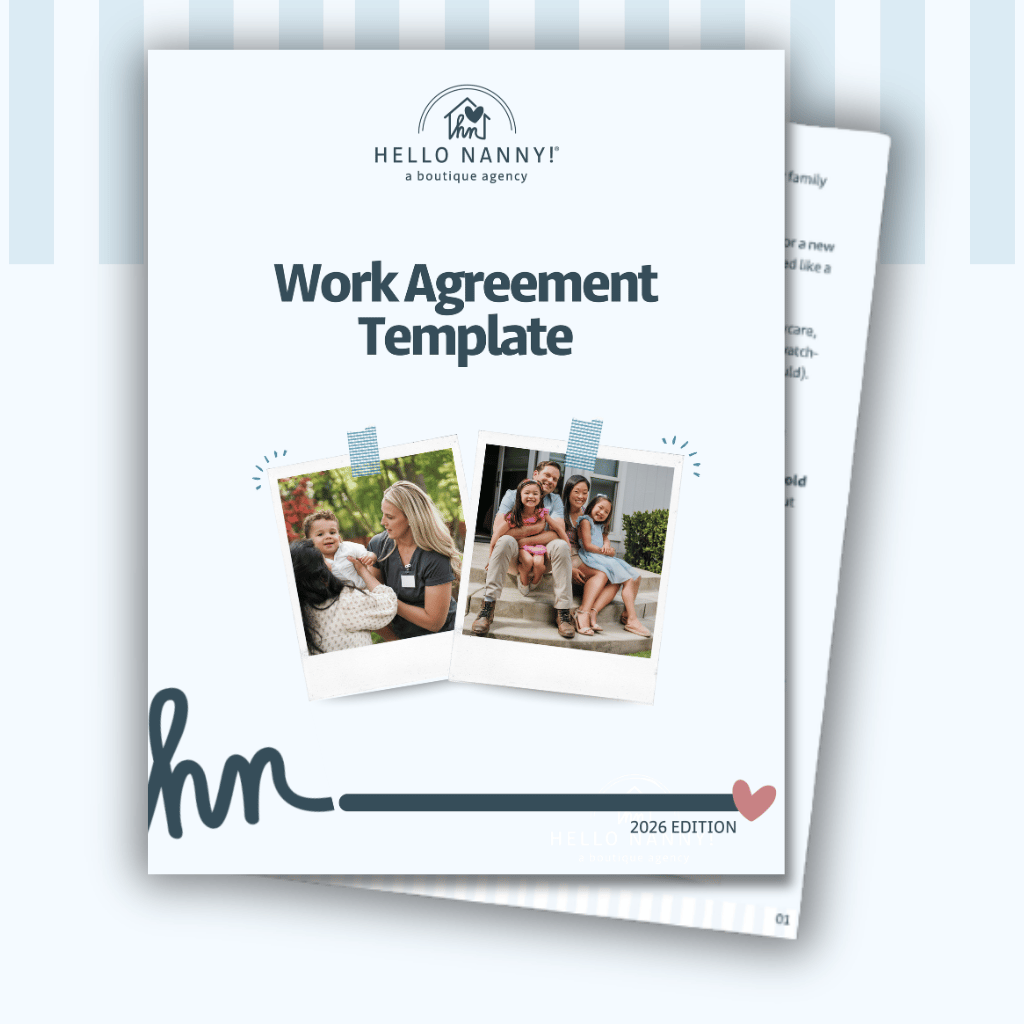 A work agreement template cover with photos of nannies and children, titled "Hello Nanny! 2026 Edition.