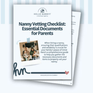 Cover page of a nanny vetting checklist guide with a family photo and checklist title for parents.