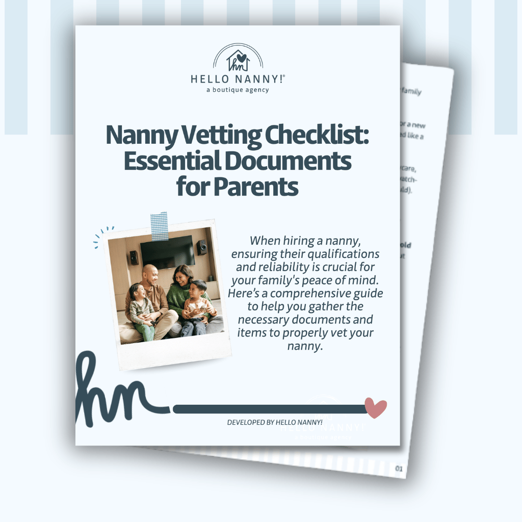 Cover page of a nanny vetting checklist guide with a family photo and checklist title for parents.