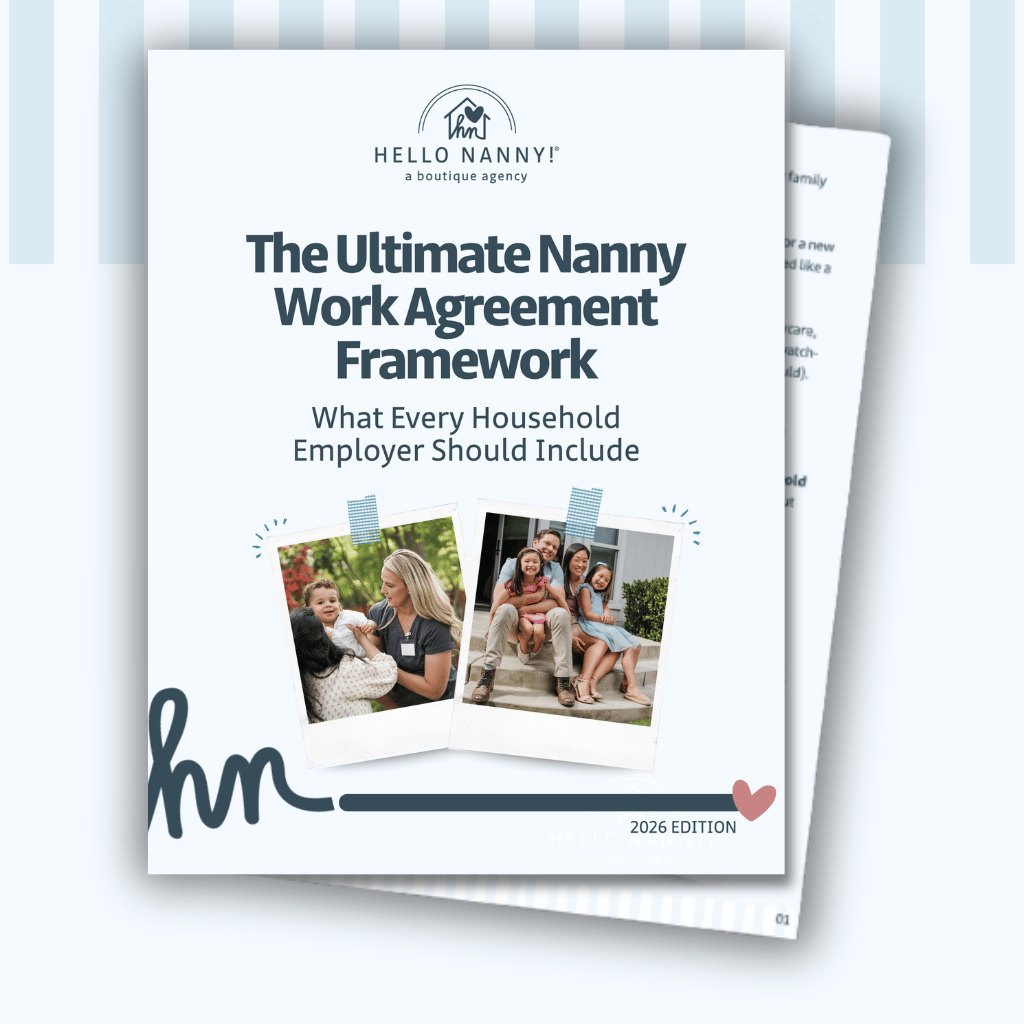 Cover image for "The Ultimate Nanny Work Agreement Framework" with two photos of families and nannies.