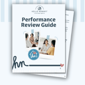 Cover of “Performance Review Guide” by Hello Nanny, featuring photos of two people talking at a table.