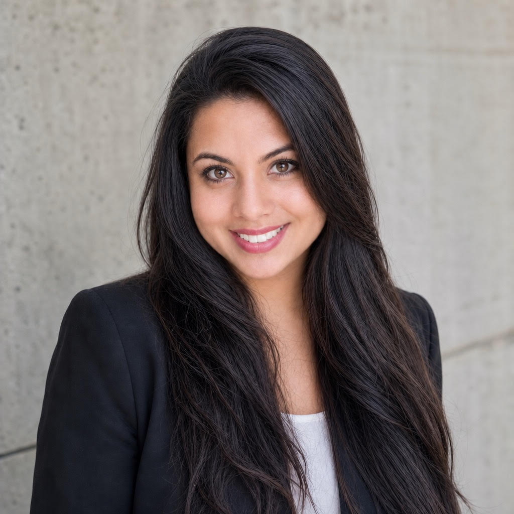 Woman with long dark hair in a black blazer smiling in front of a light-colored concrete wall.