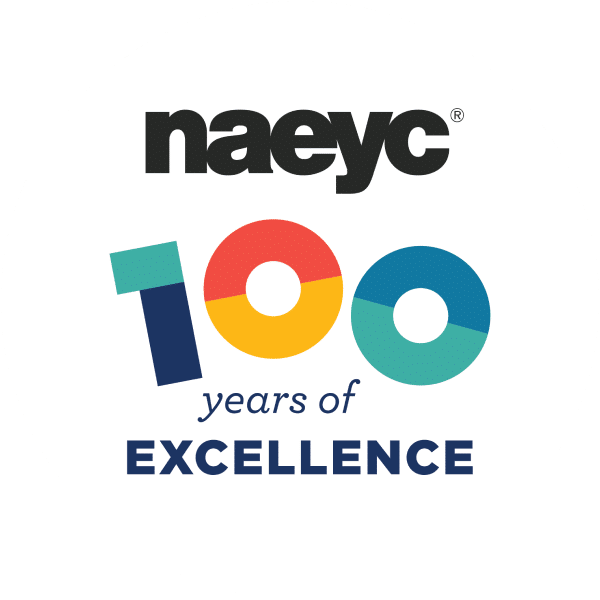 Naeyc 100 years of excellence logo with colorful numbers and bold text on a white background.