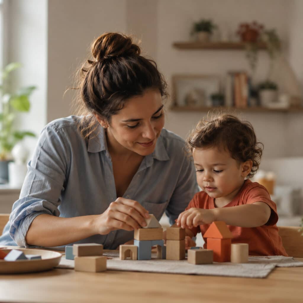 Woman and young child playing with wooden blocks at a table in a cozy, sunlit room.