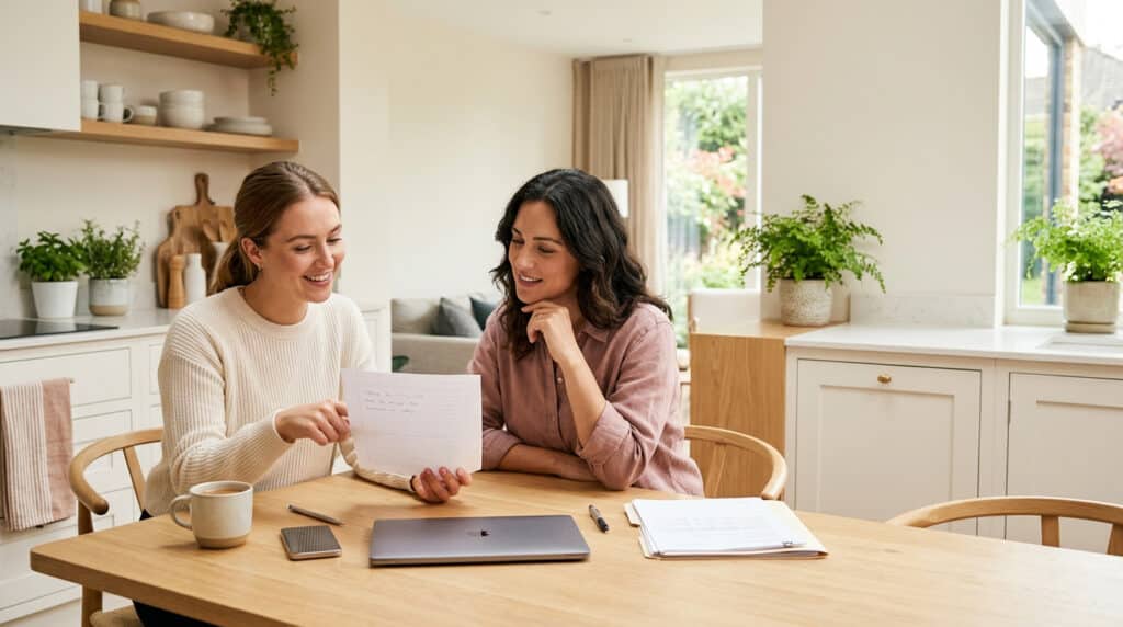 Two women sit at a kitchen table, smiling and looking at a document with a laptop and papers nearby.