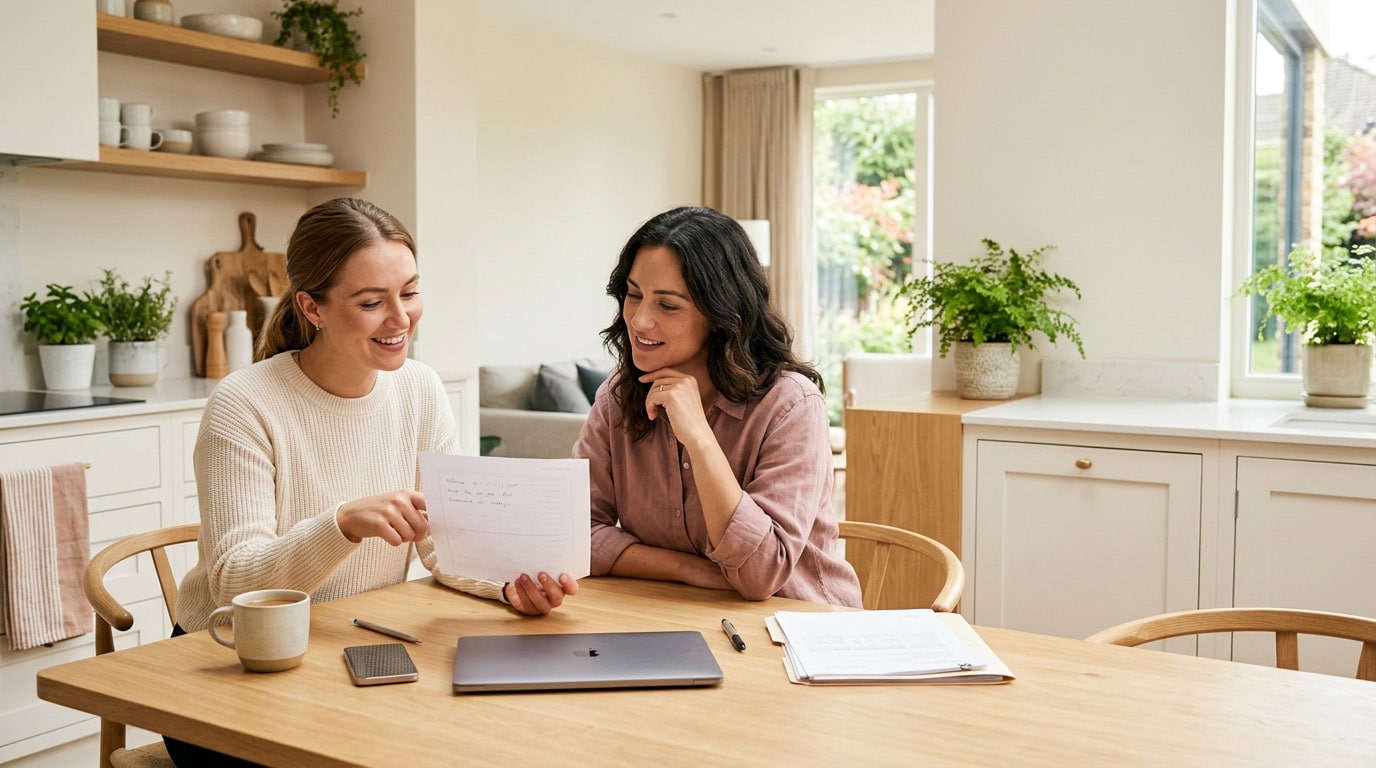 Two women sit at a kitchen table, smiling and looking at a document with a laptop and papers nearby.