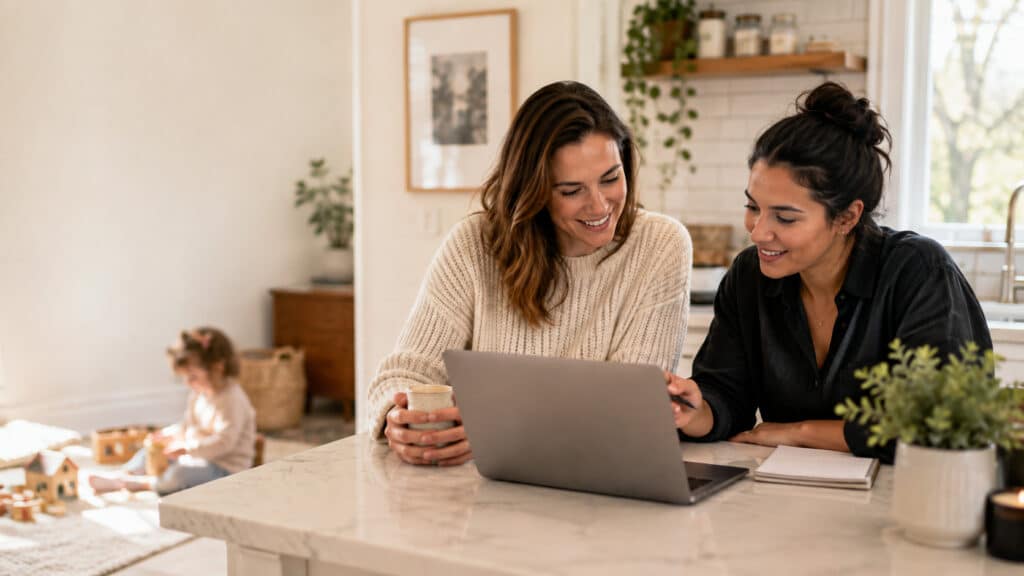 Two women smile while looking at a laptop on a kitchen counter, perhaps reviewing their household employer payroll checklist, while a child plays in the background.