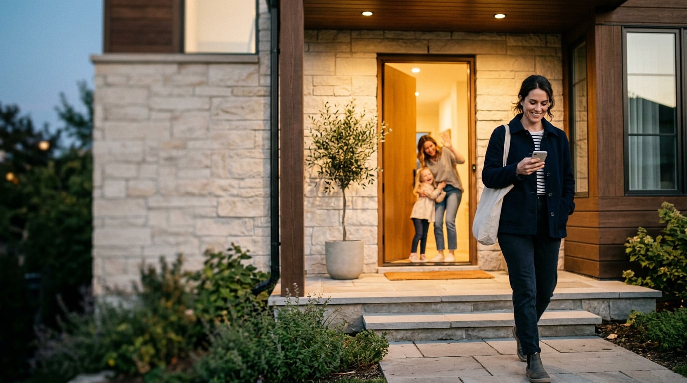 Woman walks from a house checking her phone, while two adults and a child stand in the doorway behind her.
